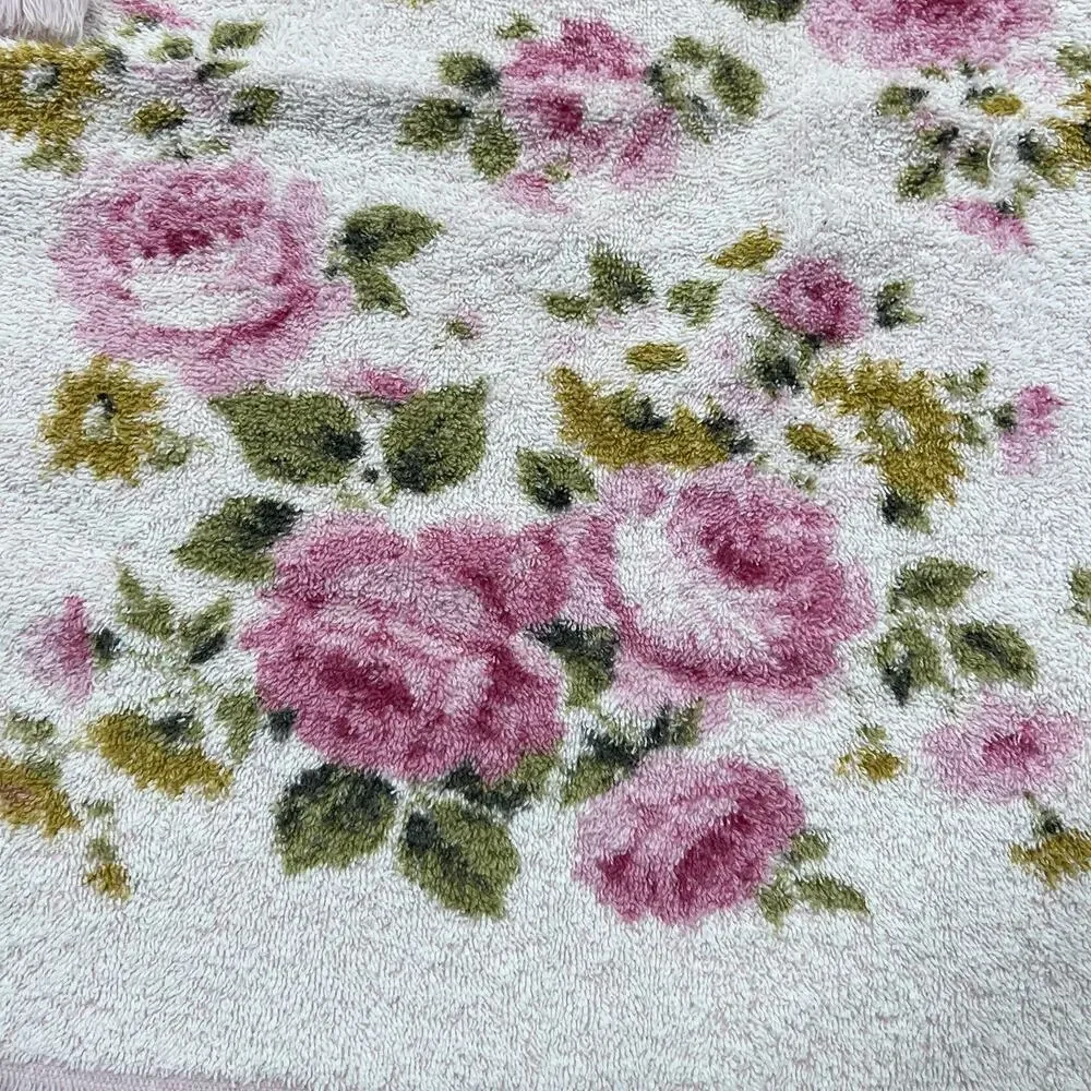 Set 2 Vtg st Marys Pink Green Floral Rose Bath Hand Towels Fringe Cotton 18x24